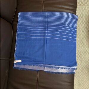 TALBOTS Blue & Silver Metallic Scarf/Shawl 74" x 20" Fringed Ends. GUC